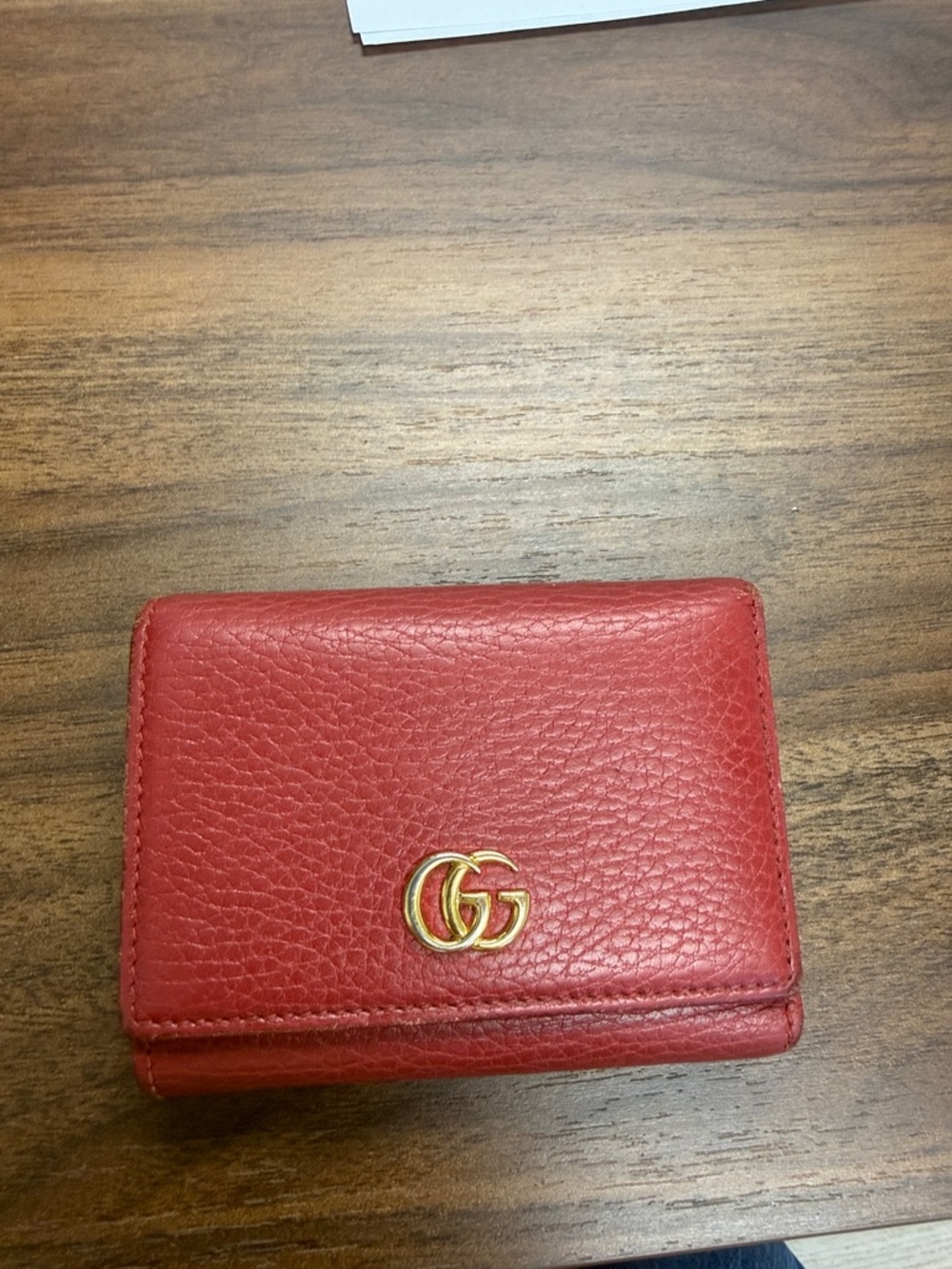 Gucci Red Pebbled Leather Card Case with Gold Double G